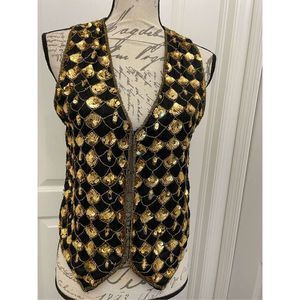 Vintage 80s goldfish scale embroidered vest gold and black size M
